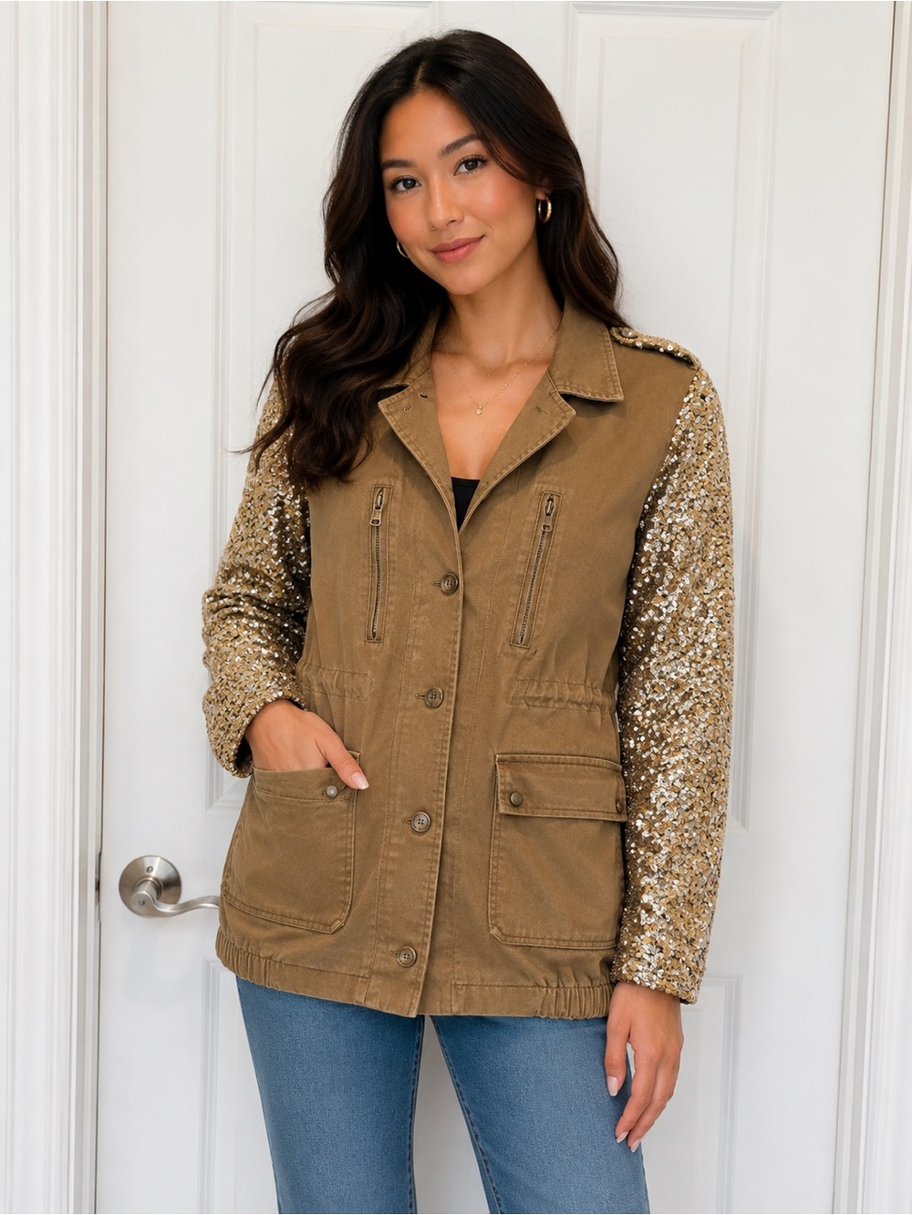 Faubourg du Temple Sequin Sleeve Utility Jacket Glam Military Chic Cargo Coat